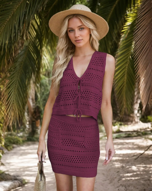 Openwork V-Neck Top and Skirt Knit Cover Up Set