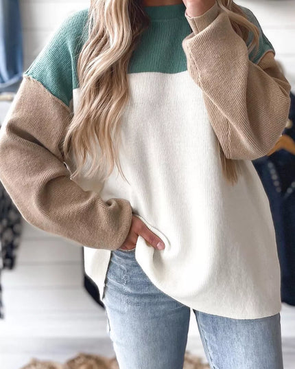 Color Block Plain Ribbed Knit Sweatshirt Dark Green