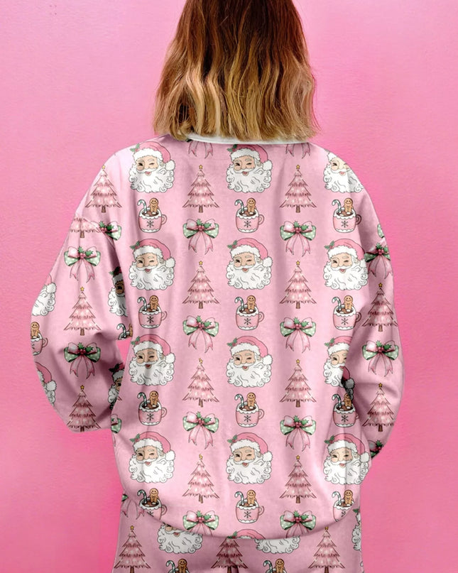 Christmas Santa Print Round Neck Top and Shorts Lounge Set