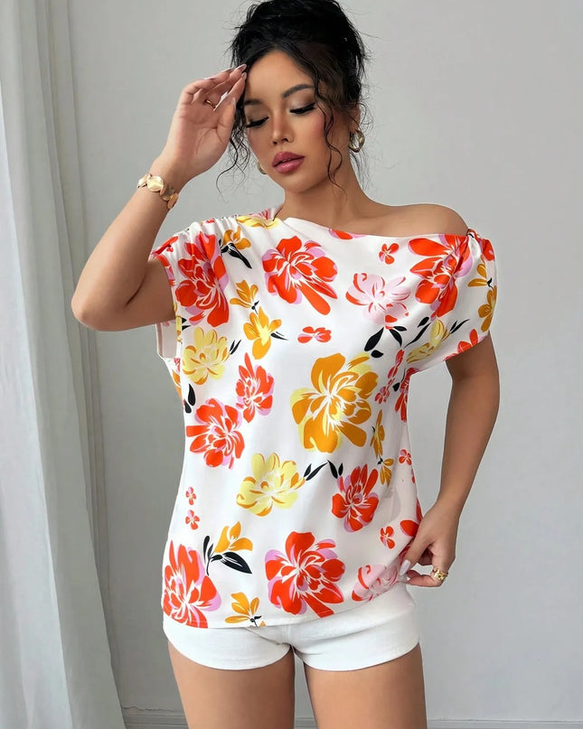 Floral Print One Shoulder Short Sleeve Blouse
