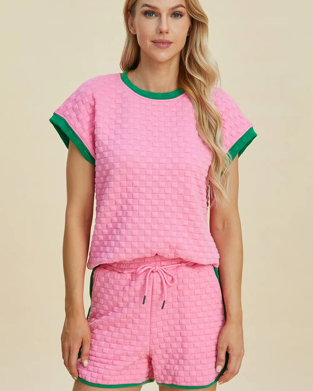 Double Take Full Size Texture Contrast T-Shirt and Shorts Set