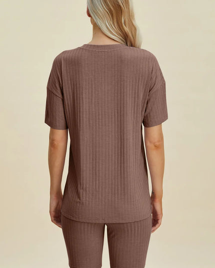Basic Bae Full Size Ribbed V-Neck Short Sleeve Top and Shorts Set