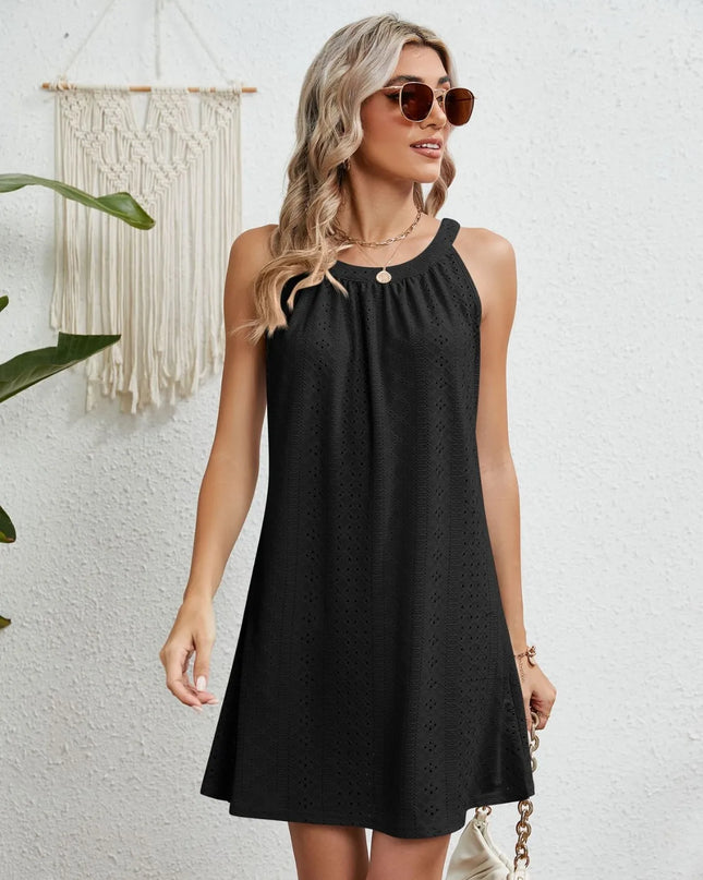 Eyelet Round Neck Sleeveless Dress 
