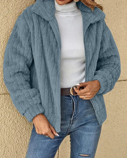 Plush Zip Up Long Sleeve Jacket Light Blue