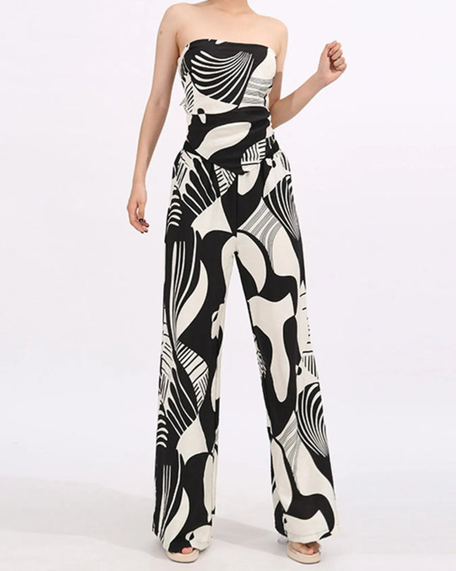Abstract Print Tube Top and Wide Leg Pants Two-Piece Set
