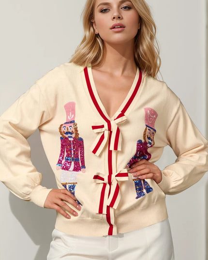 Double Take Full Size Nutcracker Sequin Bow Decor Cardigan Cream