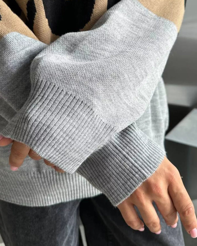 Leopard Color Block Round Neck Sweater