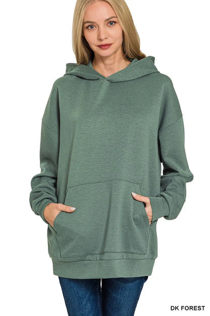 Zenana Oversized Scuba Hoodie with Kangaroo Pocket DK FOREST