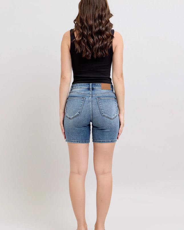 Judy Blue Button Fly Mid Length Denim Shorts W/ Destroy