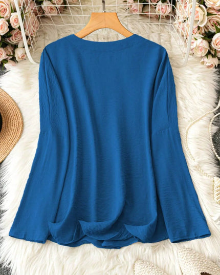 Notched Long Sleeve Casual Blouse