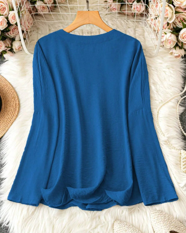 Notched Long Sleeve Casual Blouse
