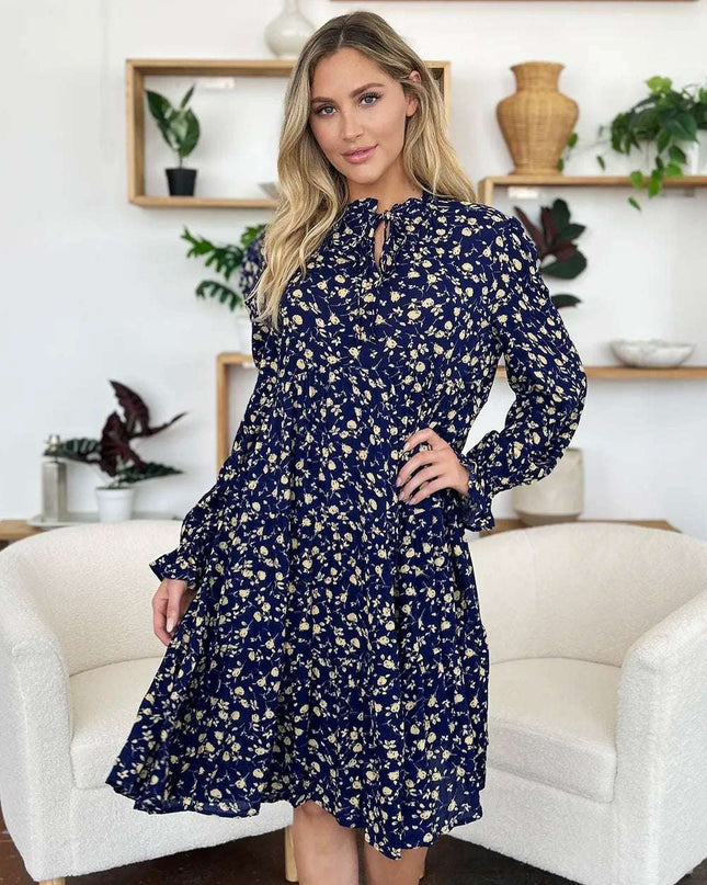 Double Take Full Size Printed Ruffle Hem Long Sleeve Tiered Dress