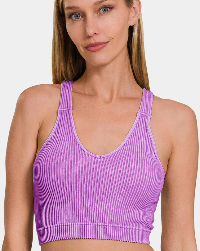 Zenana Washed Ribbed Cropped Bra Padded Tank