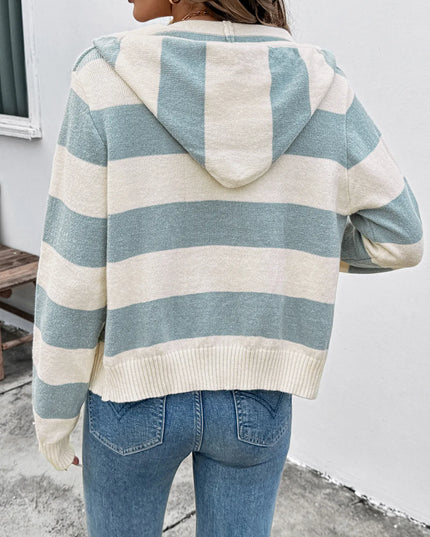 Drawstring Zip Up Striped Cardigan