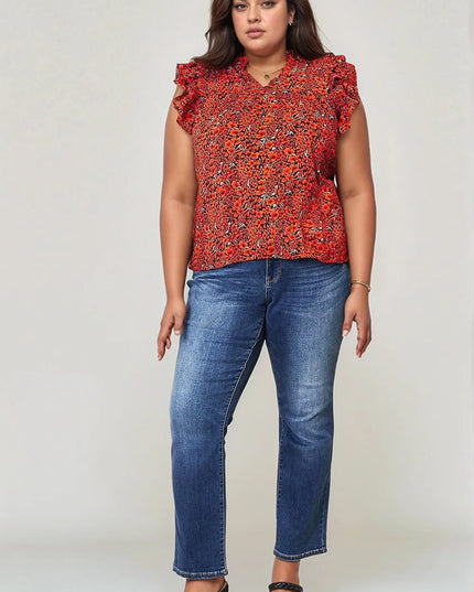 Double Take Floral Flutter Sleeve Notched Neck Blouse