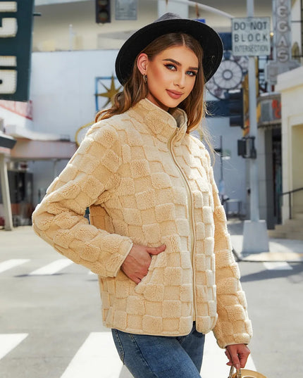 Fuzzy Checkered Zip Up Jacket