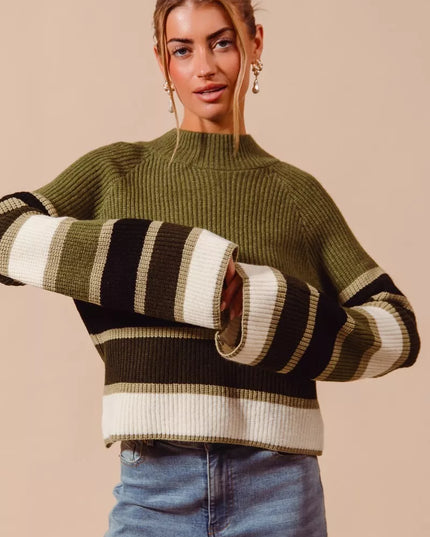 SO ME Multi Color Striped Mock Neck Sweater OLIVE COMBO