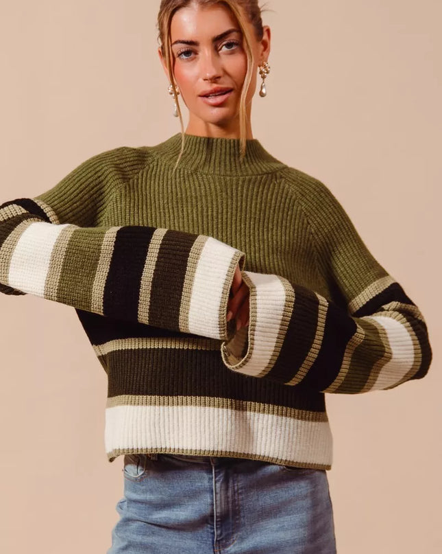 SO ME Multi Color Striped Mock Neck Sweater OLIVE COMBO