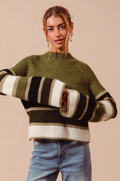 SO ME Multi Color Striped Mock Neck Sweater OLIVE COMBO