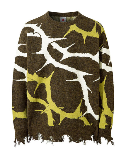Men's Abstract Pattern Distressed Hem Sweater Brown