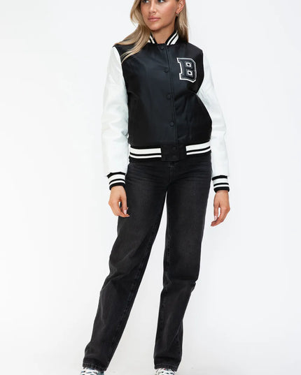 Love Me Now PU Leather Contrast Snap Down Bomber Jacket