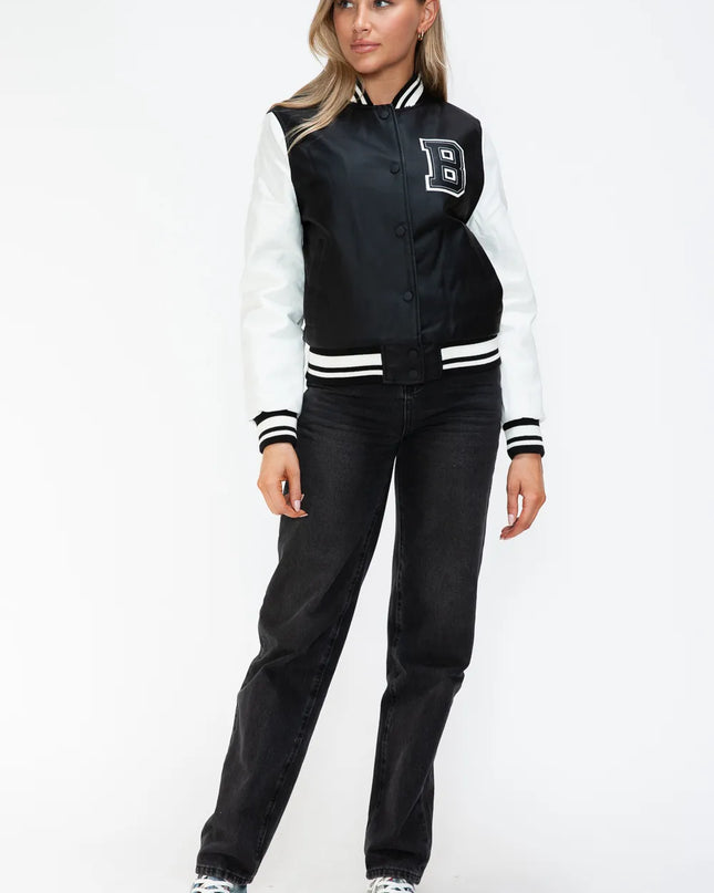 Love Me Now PU Leather Contrast Snap Down Bomber Jacket