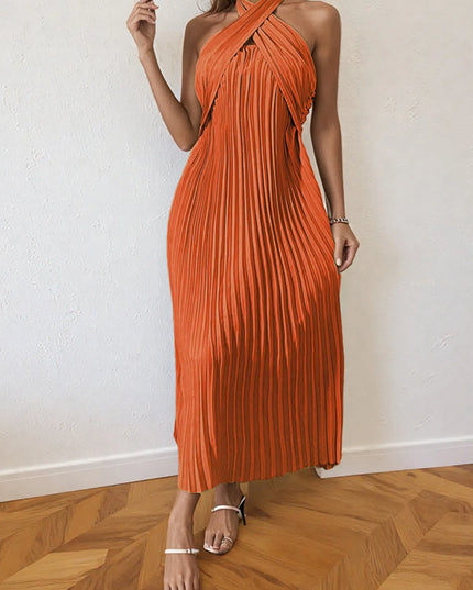 Pleated Halter Neck Midi Dress