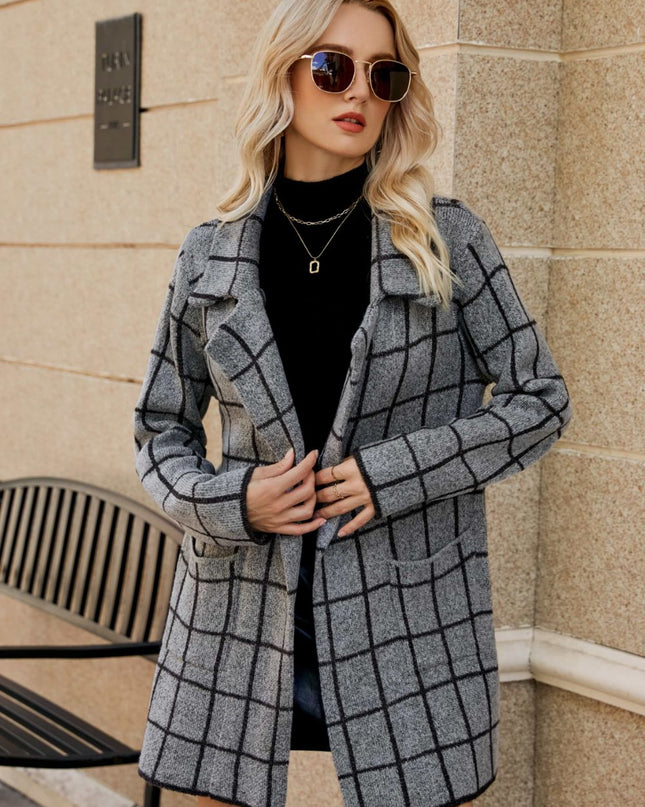 Printed Open Front Lapel Collar Cardigan with Pockets