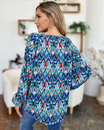 Double Take Full Size Printed Balloon Sleeve Blouse