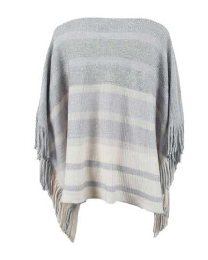 Striped Boat Neck Poncho with Fringes
