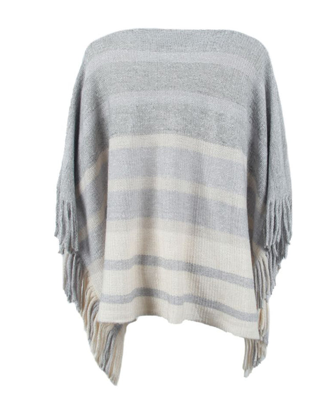 Striped Boat Neck Poncho with Fringes