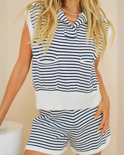 Striped Cap Sleeve Top and Shorts Sweater Set White