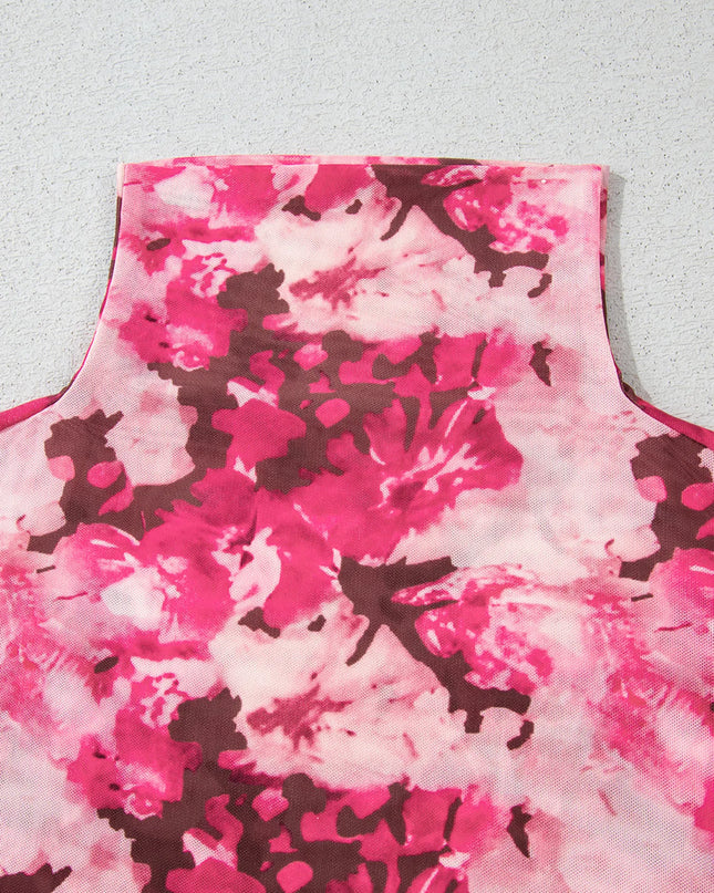 Floral Mesh Flounce Sleeve Mock Neck Blouse