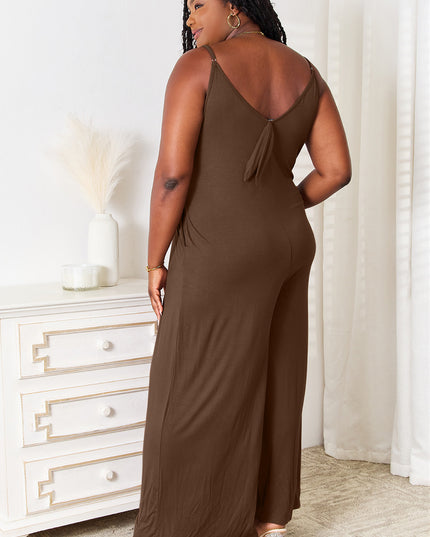 Double Take Full Size Soft Rayon Spaghetti Strap Tied Wide Leg Jumpsuit