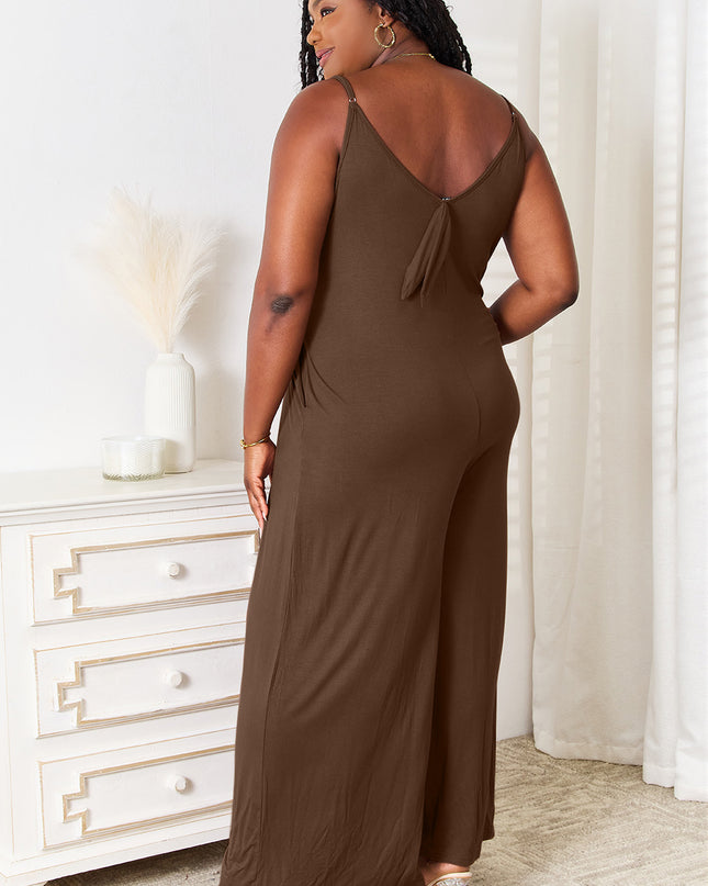 Double Take Full Size Soft Rayon Spaghetti Strap Tied Wide Leg Jumpsuit