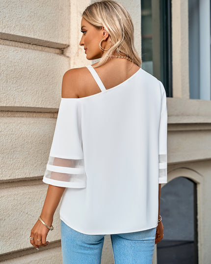 Asymmetrical Neck Sheer Striped Flare Sleeve Blouse