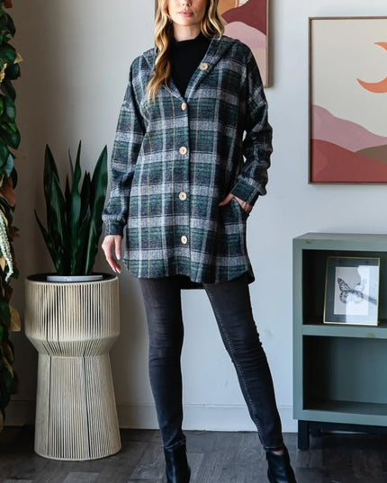 Heimish Plaid Button Down Long Sleeve Hooded Cardigan