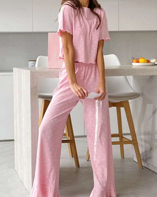 Polka Dot Round Neck Top and Pants Lounge Set