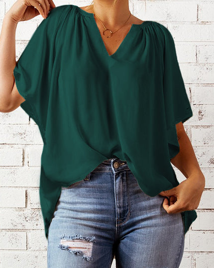 Gathered Detail Notched Neck Flutter Sleeve Top 