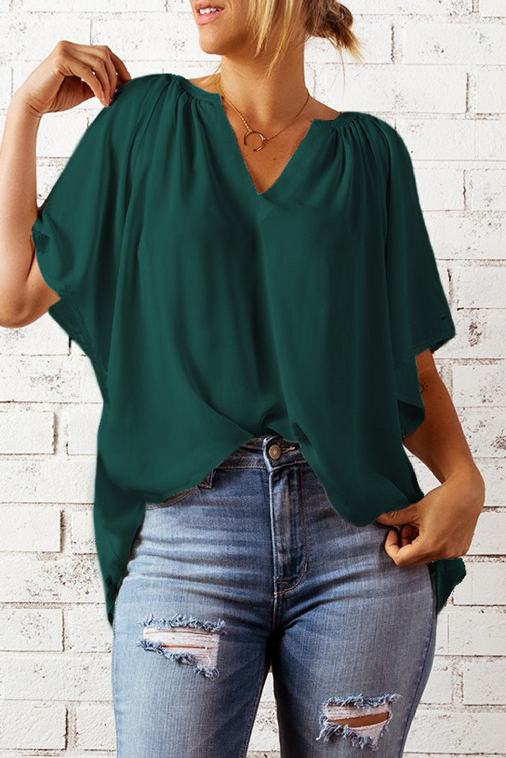 Gathered Detail Notched Neck Flutter Sleeve Top Green