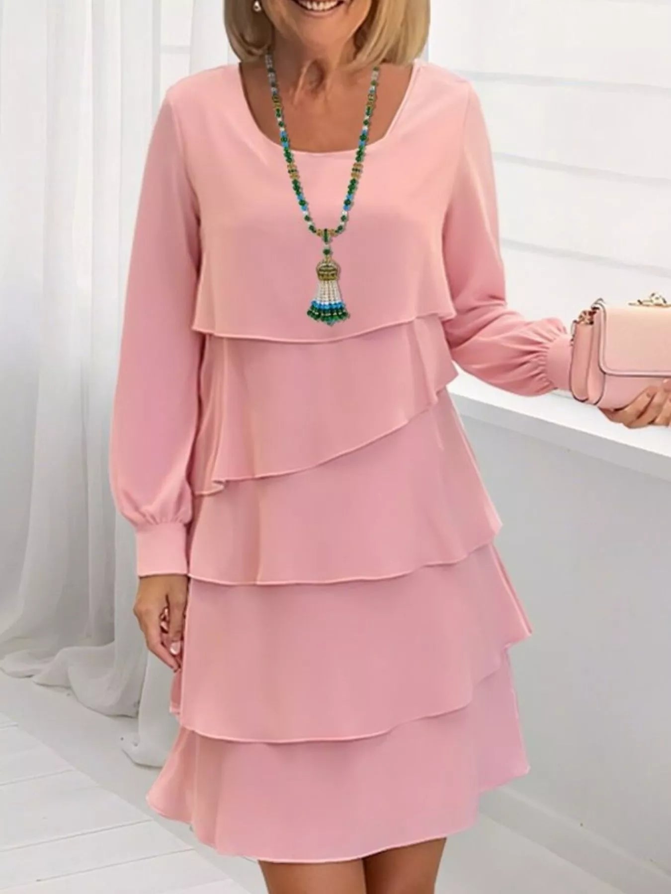 Full Size Layered Long Sleeve Mini Dress Plus Size Pink