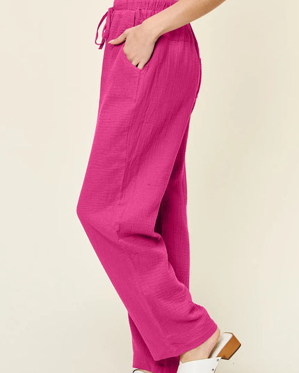Double Take Full Size Texture Drawstring Straight Pants