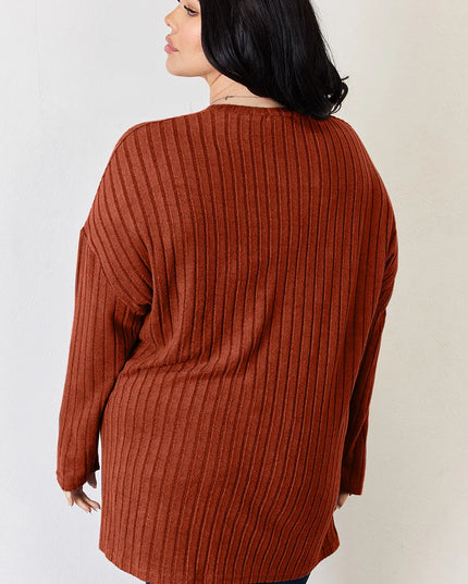 Basic Bae Full Size Ribbed Half Button Long Sleeve High-Low T-Shirt