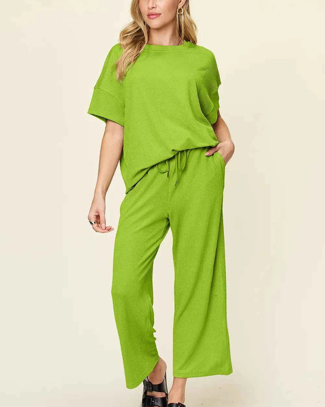Double Take Full Size Texture Round Neck Short Sleeve T-Shirt and Wide Leg Pants