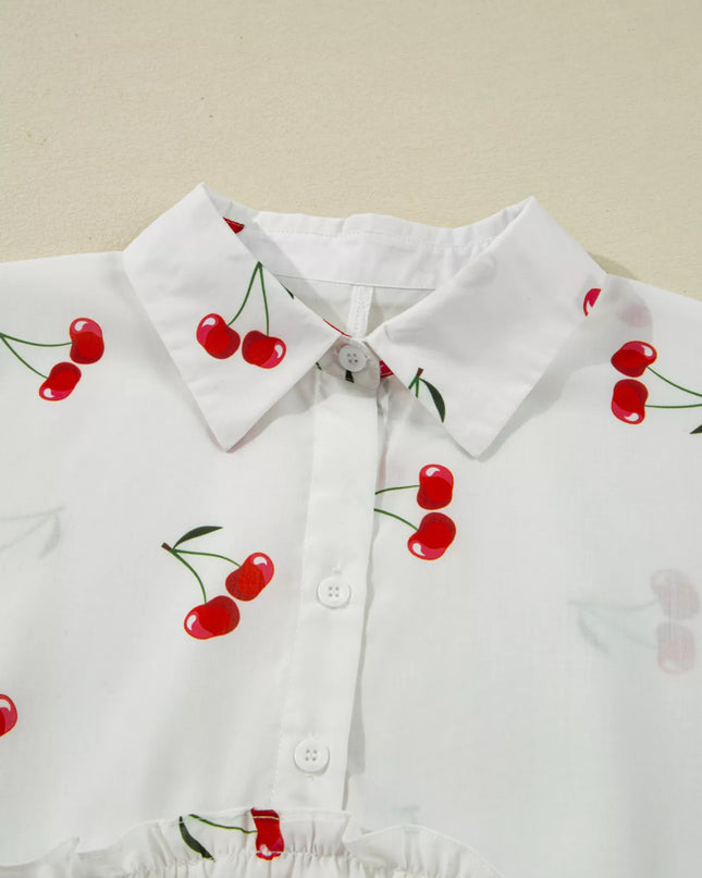 Cherry Print Flounce Sleeve Collared Frilled Babydoll Blouse