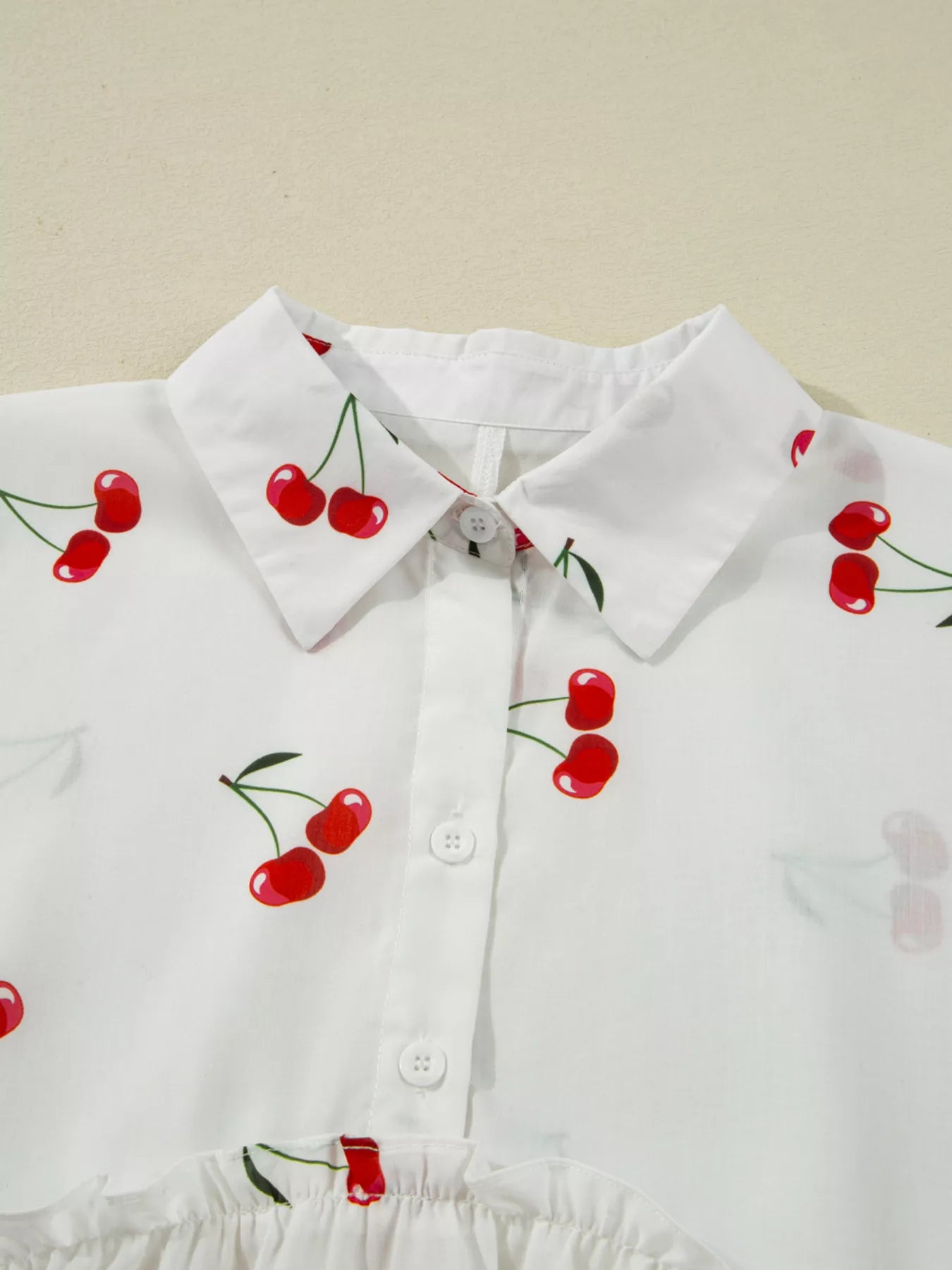 Cherry Print Flounce Sleeve Collared Frilled Babydoll Blouse