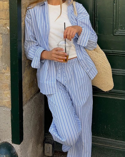Striped Button Up Shirt and Pants Set Blue