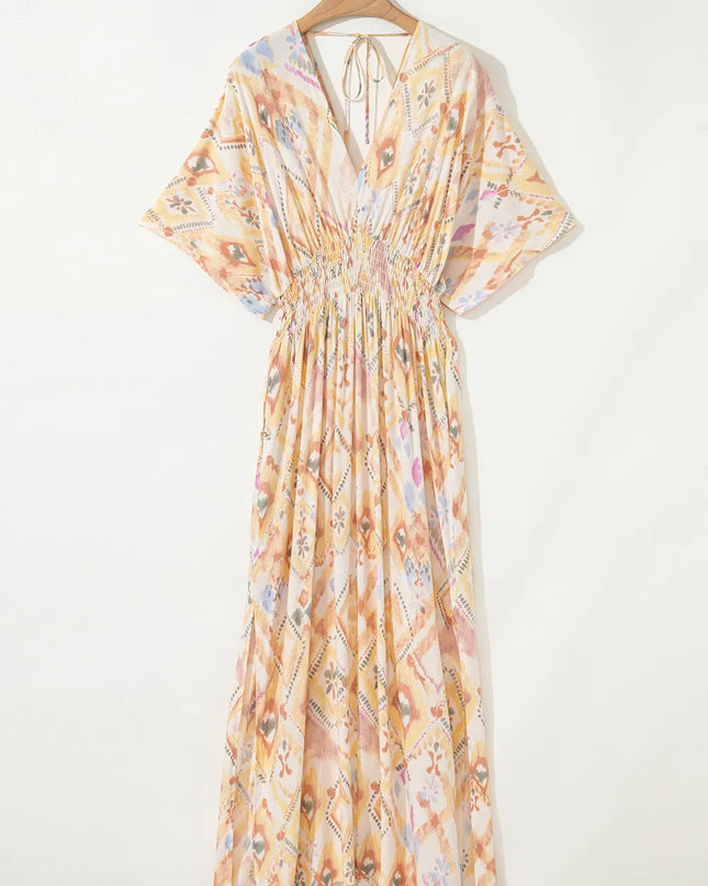 Printed Half Sleeve Shirred High Waist Maxi Dress