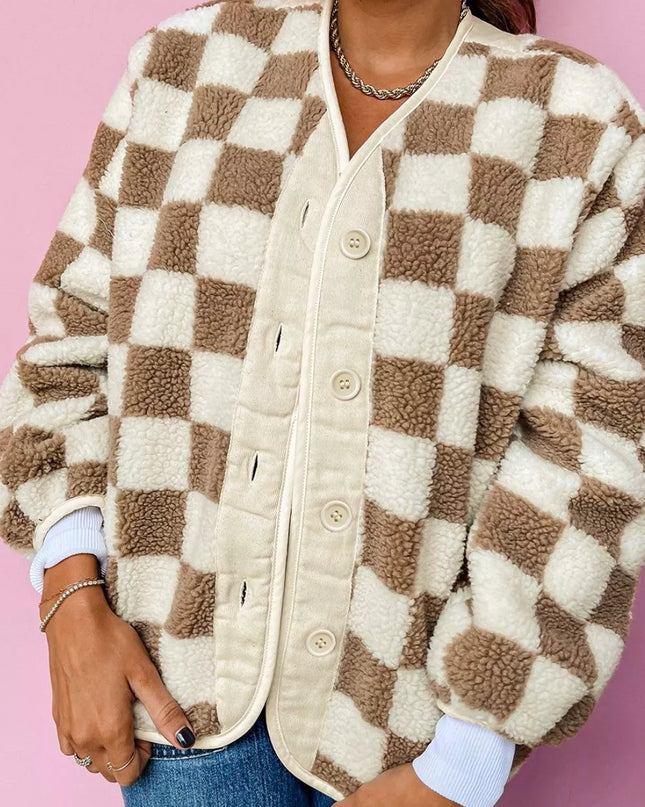 Checkered Sherpa Oversized Button Up Jacket