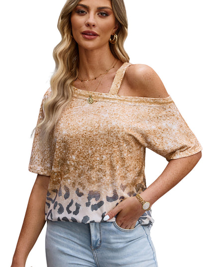 Leopard Asymmetrical Neck Cold-Shoulder Blouse